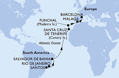 Itinerariu Croaziera Transatlantic Santos spre Barcelona - MSC Cruises - MSC Sinfonia - 16 nopti