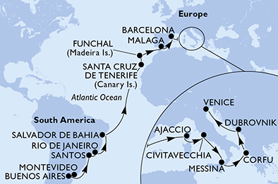 Itinerariu Croaziera Transatlantic Montevideo spre Venetia - MSC Cruises - MSC Sinfonia - 26 nopti