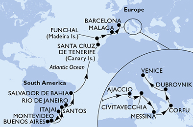 Itinerariu Croaziera Transatlantic Itajai spre Venetia - MSC Cruises - MSC Sinfonia - 28 nopti