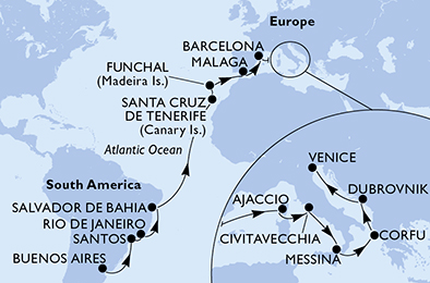 Itinerariu Croaziera Transatlantic Buenos Aires spre Venetia - MSC Cruises - MSC Sinfonia - 25 nopti