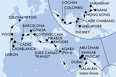 Itinerariu Croaziera Grand voiaj - MSC Cruises - MSC Splendida - 52 nopti