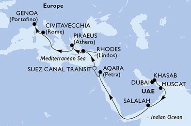Itinerariu Croaziera Repozitionare Dubai spre Genova - MSC Cruises - MSC Splendida - 17 nopti