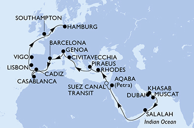 Itinerariu Croaziera Repozitionare Dubai spre Hamburg - MSC Cruises - MSC Splendida - 27 nopti