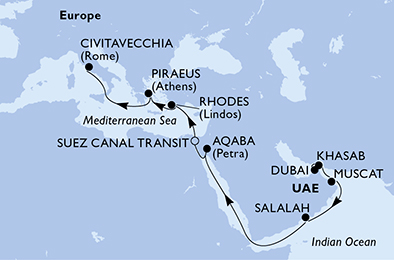 Itinerariu Croaziera Repozitionare Dubai spre Roma - MSC Cruises - MSC Splendida - 16 nopti