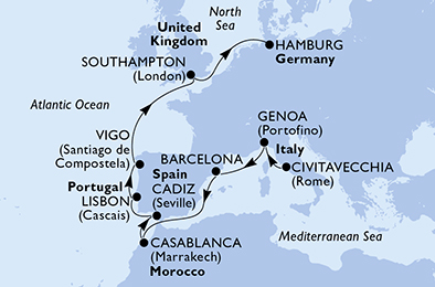 Itinerariu Croaziera Repozitionare Roma spre Hamburg - MSC Cruises - MSC Splendida - 11 nopti