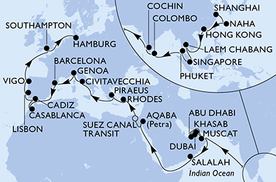 Itinerariu Croaziera Grand voiaj - MSC Cruises - MSC Splendida - 54 nopti