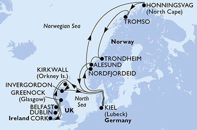 Itinerariu Croaziera Insulele Britanice & Fiordurile Norvegiene & Capul Nord - MSC Cruises - MSC Splendida - 21 nopti