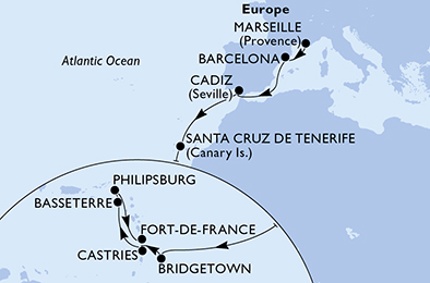 Itinerariu Croaziera Transatlantic Marsilia spre Fort de France - MSC Cruises - MSC Splendida - 15 nopti