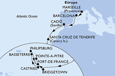 Itinerariu Croaziera Transatlantic Marsilia spre Pointe a Pitre - MSC Cruises - MSC Splendida - 16 nopti