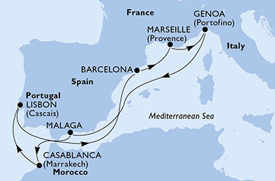 Itinerariu Croaziera Mediterana de Vest & Oc.Atlantic - MSC Cruises - MSC Splendida - 9 nopti
