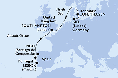 Itinerariu Croaziera Repozitinare Kiel spre Lisabona - MSC Cruises - MSC Splendida - 6 nopti