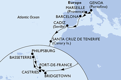 Itinerariu Croaziera Transatlantic Genova spre Pointe a Pitre - MSC Cruises - MSC Splendida - 17 nopti