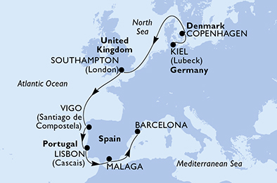 Itinerariu Croaziera Repozitionare Kiel spre Barcelona - MSC Cruises - MSC Splendida - 9 nopti