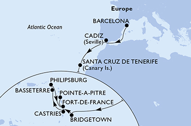 Itinerariu Croaziera Transatlantic Barcelona spre Pointe a Pitre - MSC Cruises - MSC Splendida - 15 nopti