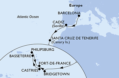 Itinerariu Croaziera Transatlantic Barcelona spre Fort de France - MSC Cruises - MSC Splendida - 14 nopti