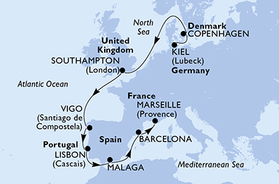 Itinerariu Croaziera Repozitionare Kiel spre Marsilia - MSC Cruises - MSC Splendida - 10 nopti
