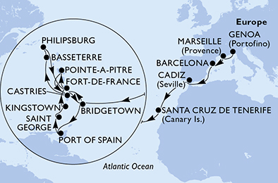 Itinerariu Croaziera Transatlantic Genova spre Fort de France - MSC Cruises - MSC Splendida - 23 nopti