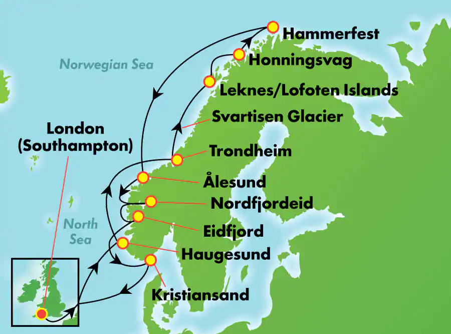 Itinerariu Croaziera Fiordurile Norvegiene, Capul Nord & Cercul Arctic - Norwegian Cruise Line - Norwegian Star - 14 nopti
