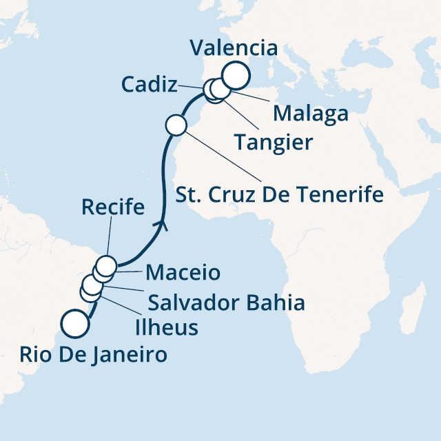 Itinerariu Croaziera Transatlantic Rio de Janeiro spre Valencia - Costa Cruises - Costa Fascinosa - 16 nopti