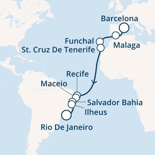 Itinerariu Croaziera Transatlantic Barcelona spre Rio de Janeiro - Costa Cruises - Costa Fascinosa - 16 nopti