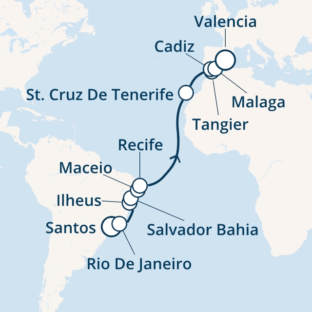Itinerariu Croaziera Transatlantic Santos spre Valencia - Costa Cruises - Costa Fascinosa - 17 nopti