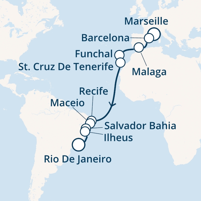 Itinerariu Croaziera Transatlantic Marsilia spre Rio de Janeiro - Costa Cruises - Costa Fascinosa - 17 nopti