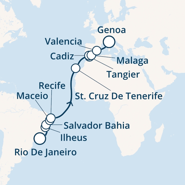 Itinerariu Croaziera Transatlantic Rio de Janeiro spre Genova - Costa Cruises - Costa Fascinosa - 18 nopti