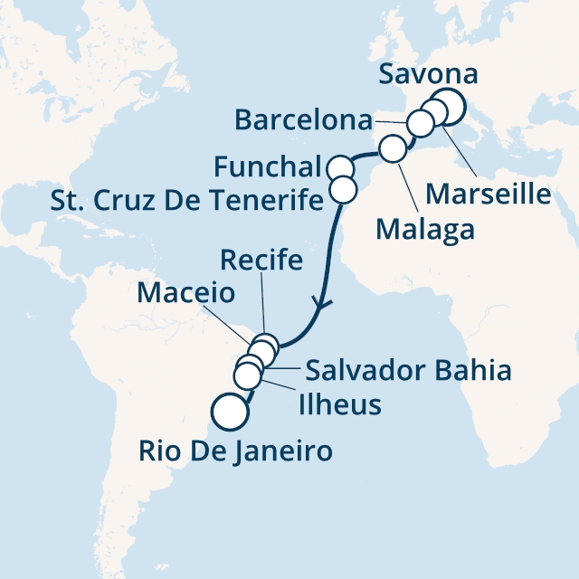 Itinerariu Croaziera Transatlantic Savona spre Rio de Janeiro - Costa Cruises - Costa Fascinosa - 18 nopti
