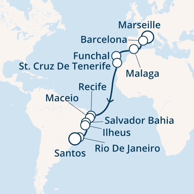 Itinerariu Croaziera Transatlantic Marsilia spre Santos - Costa Cruises - Costa Fascinosa - 18 nopti