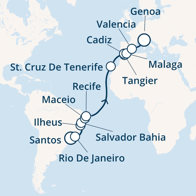 Itinerariu Croaziera Transatlantic Santos spre Genova - Costa Cruises - Costa Fascinosa - 19 nopti