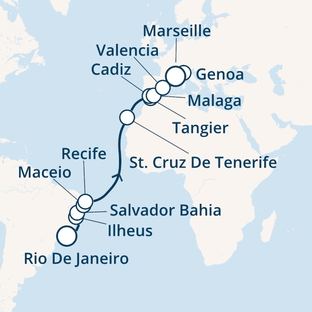 Itinerariu Croaziera Transatlantic Rio de Janeiro spre Marsilia - Costa Cruises - Costa Fascinosa - 19 nopti