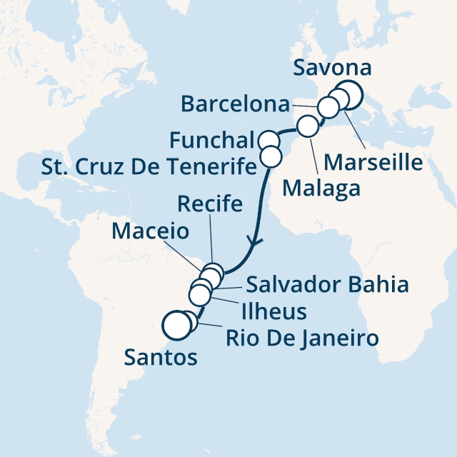 Itinerariu Croaziera Transatlantic Savoan spre Santos - Costa Cruises - Costa Fascinosa - 19 nopti