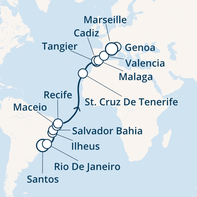 Itinerariu Croaziera Transatlantic Santos spre Marsilia - Costa Cruises - Costa Fascinosa - 20 nopti