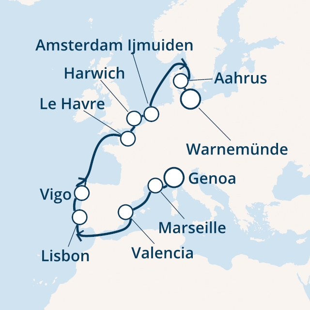 Itinerariu Croaziera Repozitionare Genova spre Warnemunde - Costa Cruises - Costa Fascinosa - 12 nopti