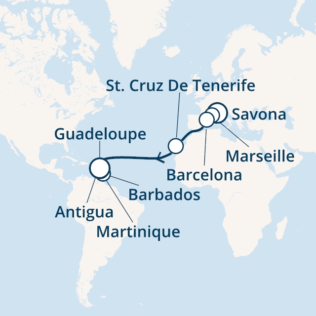 Itinerariu Croaziera Transatlantic Savona spre Guadeloupe - Costa Cruises - Costa Favolosa - 15 nopti