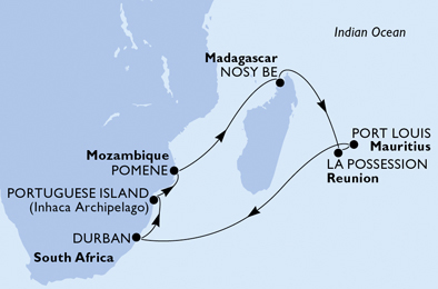 Itinerariu Croaziera Revelion in Oc.Indian - MSC Cruises - MSC Musica - 14 nopti