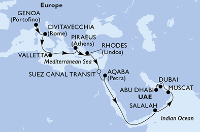 Itinerariu Croaziera Repozitionare Genova spre Dubai - MSC Cruises - MSC Virtuosa - 20 nopti