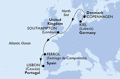 Itinerariu Croaziera Repozitionare Kiel spre Lisabona - MSC Cruises - MSC Virtuosa - 7 nopti