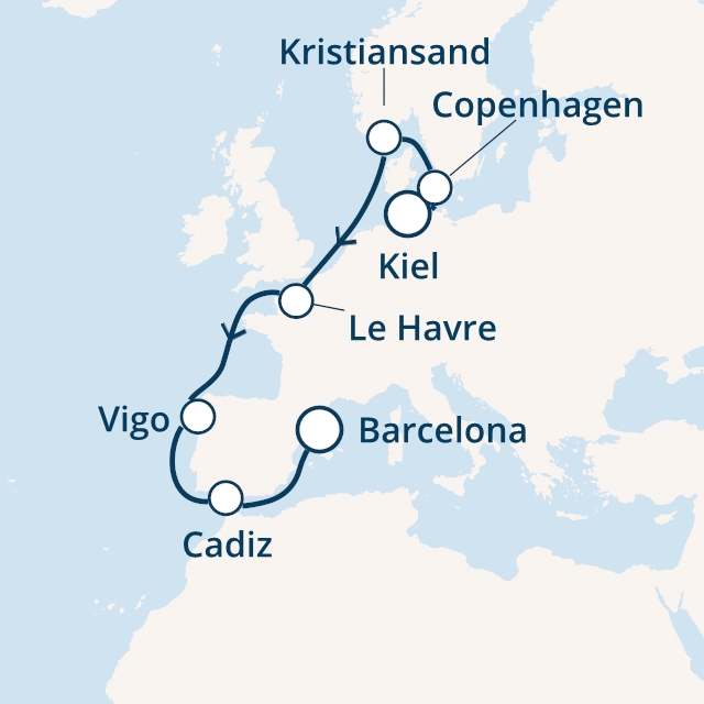 Itinerariu Croaziera Repozitionare Kiel spre Barcelona - Costa Cruises - Costa Diadema - 10 nopti
