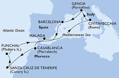 Itinerariu Croaziera Mediterana de Vest & Oc.Atlantic - MSC Cruises - MSC Splendida - 11 nopti