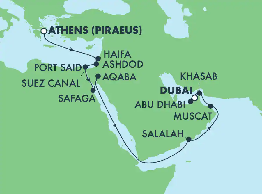 Itinerariu Croaziera Repozitionare Athena spre Dubai - Norwegian Cruise Line - Norwegian Jade - 18 nopti