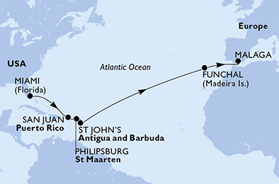 Itinerariu Croaziera Transatlantic Miami spre Malaga - MSC Cruises - MSC Armonia - 14 nopti