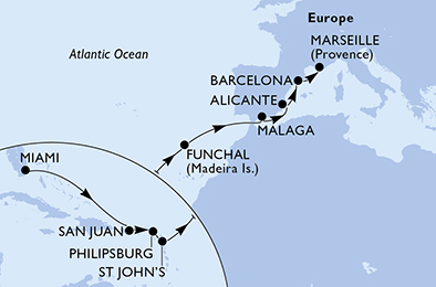 Itinerariu Croaziera Transatlantic Miami spre Marsilia - MSC Cruises - MSC Armonia - 17 nopti