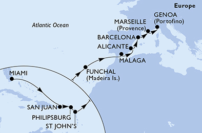 Itinerariu Croaziera Transatlantic Miami spre Genova - MSC Cruises - MSC Armonia - 18 nopti