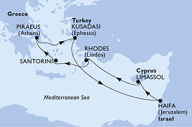 Itinerariu Croaziera Mediterana de Est & Pamantul Sfant - MSC Cruises - MSC Lirica - 7 nopti