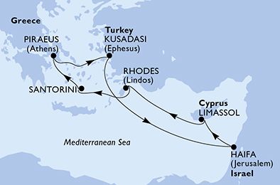 Itinerariu Croaziera Mediterana de Est & Pamantul Sfant - MSC Cruises - MSC Lirica - 7 nopti