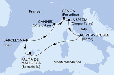 Itinerariu Croaziera Mediterana de Vest - MSC Cruises - MSC Meraviglia - 7 nopti