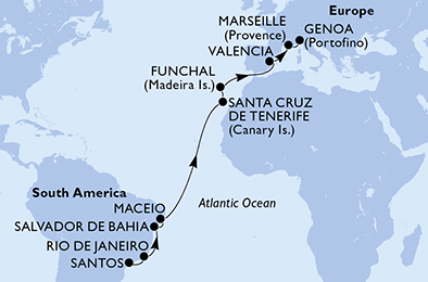 Itinerariu Croaziera Transatlantic Santos spre Genova - MSC Cruises - MSC Seaside - 17 nopti