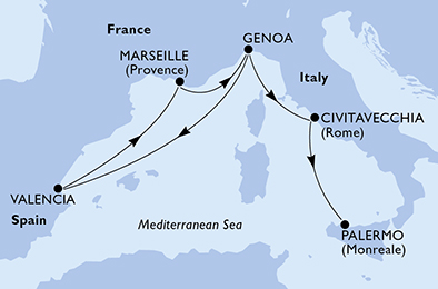 Itinerariu Croaziera Mediterana de Vest - MSC Cruises - MSC Seaside - 6 nopti