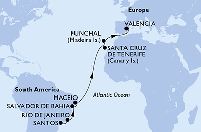 Itinerariu Croaziera  Transatlantic Santos spre Valencia - MSC Cruises - MSC Seaside - 15 nopti